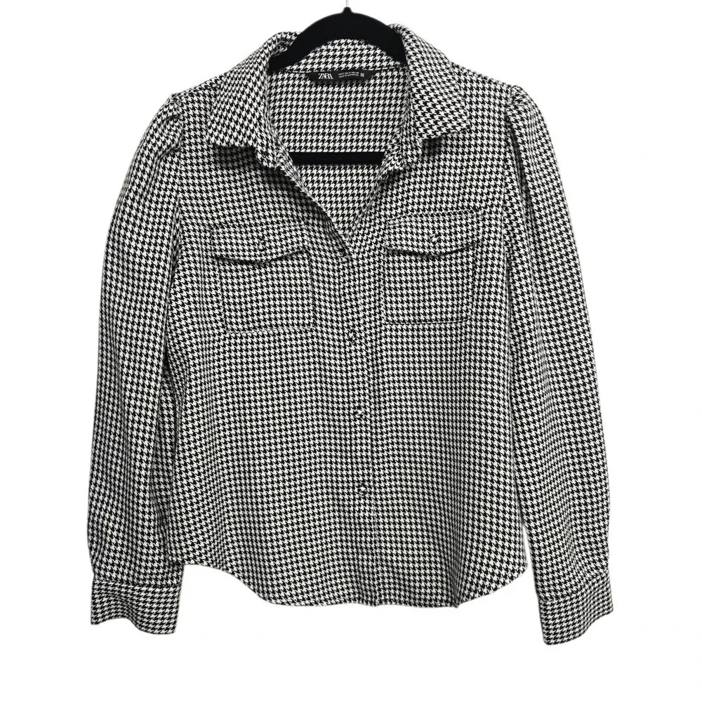 Zara Houndstooth Button Up Shirt‎ S Black White Collared Preppy Academia Chic